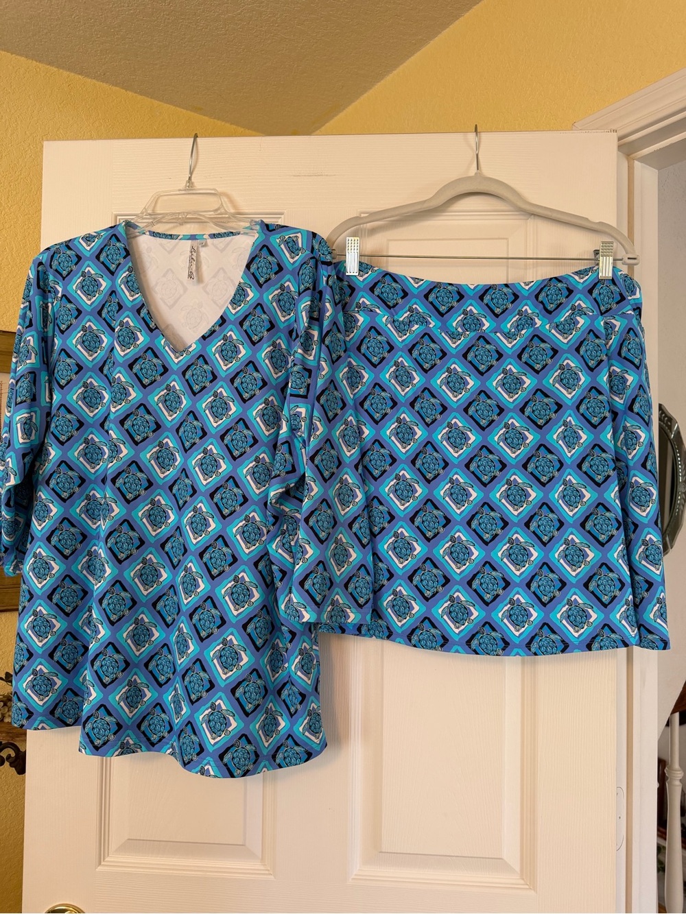 Lulu-B Teal & Blue Geometric V-Neck Pajama Top with Matching Skirt